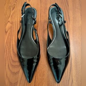 Ralph Lauren Black Patent Leather Slingback Kitten Heels - Size 9.5M